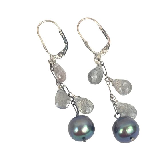Sterling Silver Drop Earrings With Olive Grey Black Pearls and Labradorite Stone - Picture 1 of 9